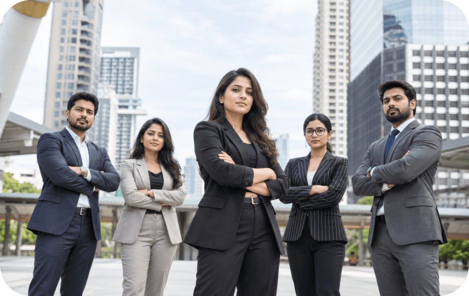 Corporate team standing together outside an office