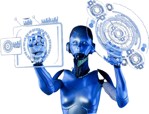 AI robot working with holographic data interfaces